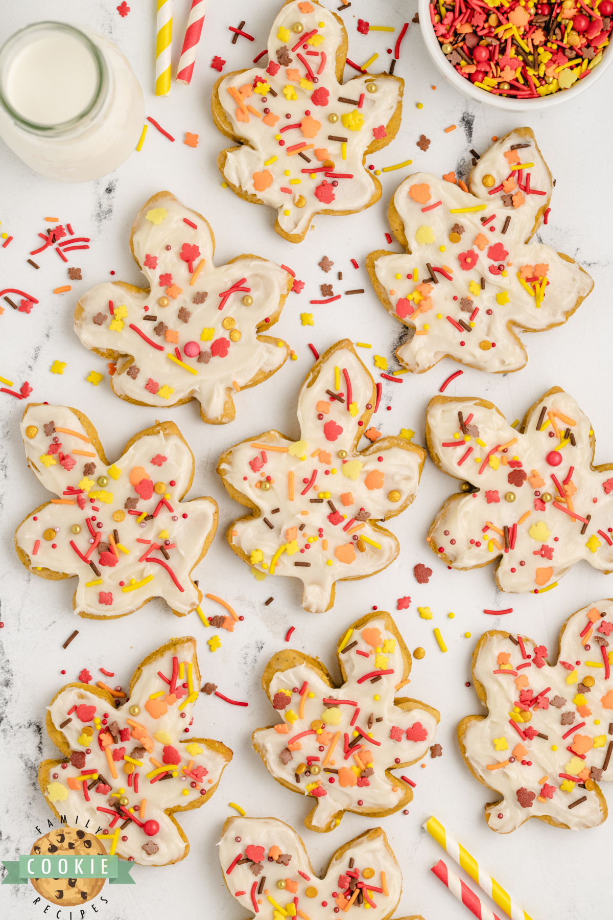 Overhead view of frosted Pumpkin Sugar Cookies ready to serve.