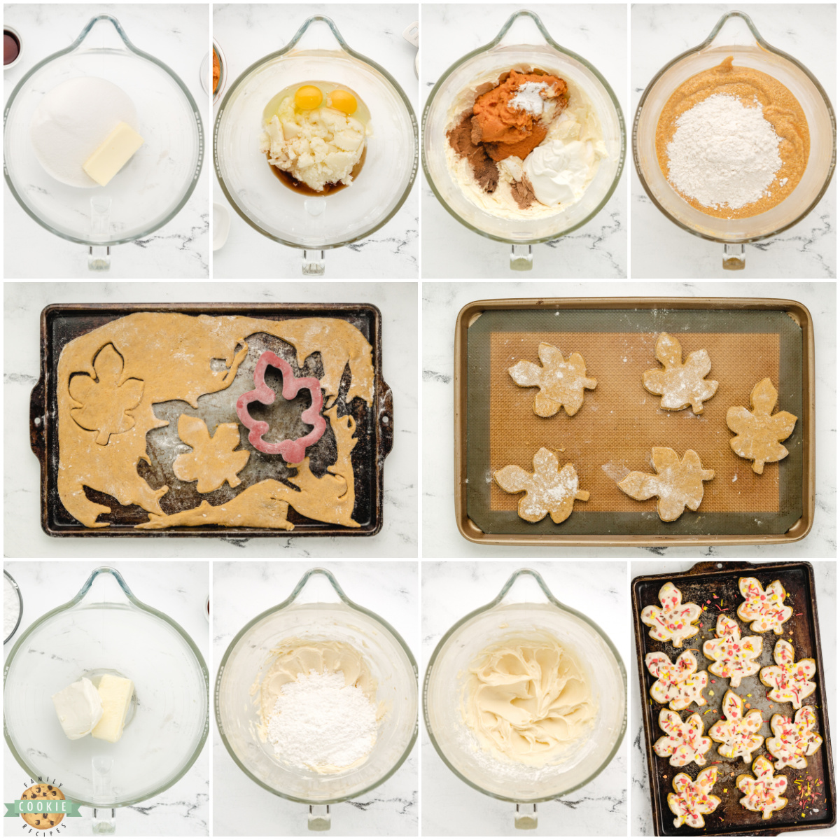 Step by step instructions on how to make Pumpkin Sugar Cookies with Cream Cheese Frosting.