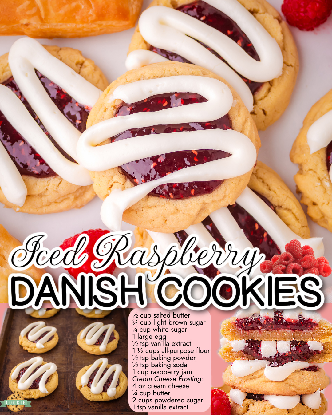 Raspberry Danish Cookies are soft, buttery sugar cookies topped with raspberry jam and thick lines of cream cheese frosting! Enjoy dessert for breakfast!