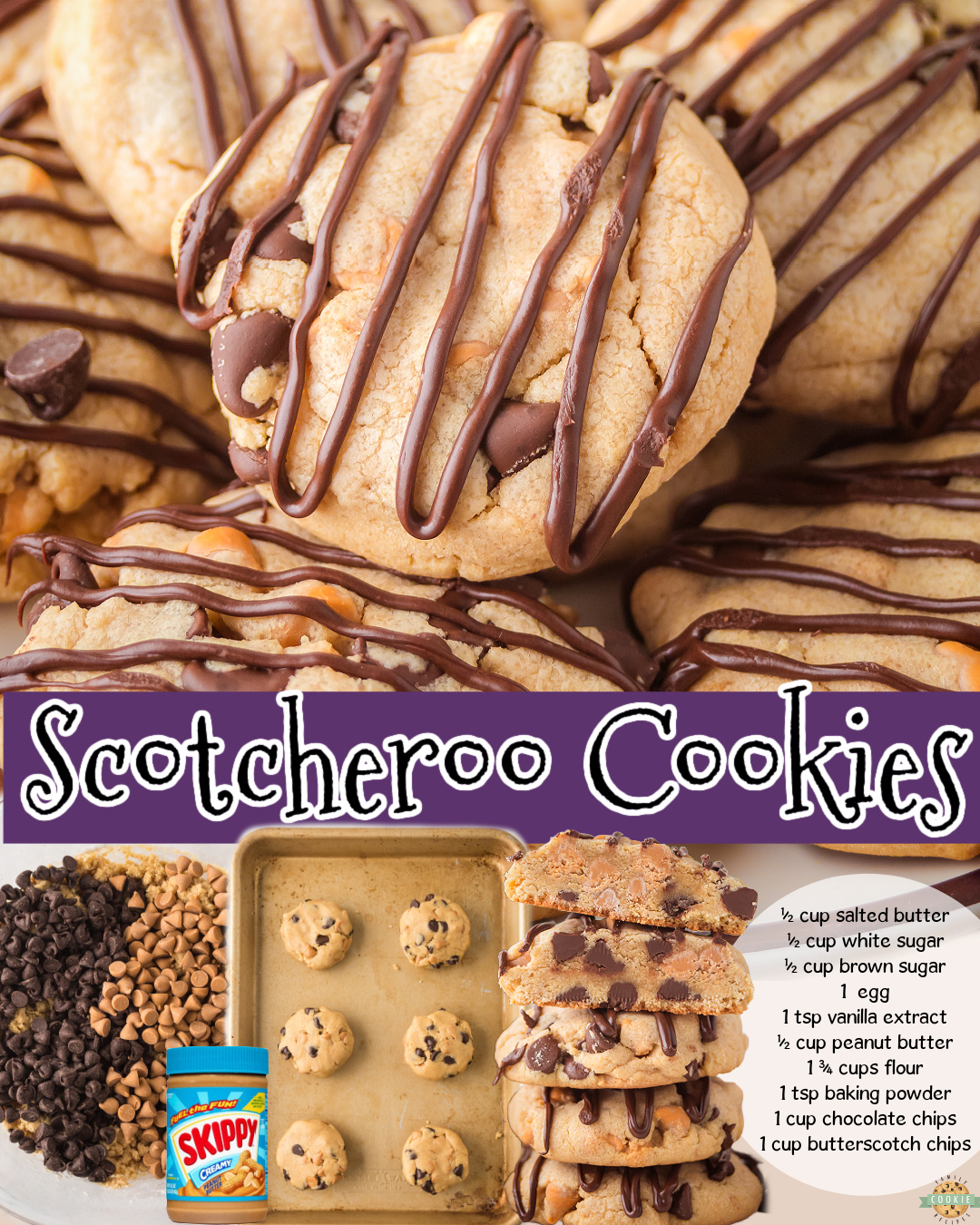 Scotcharoo Cookies have that iconic peanut butter flavor, loaded with both chocolate and butterscotch chips, then finished with a chocolate drizzle! Your favorite krispie treat in cookie form!