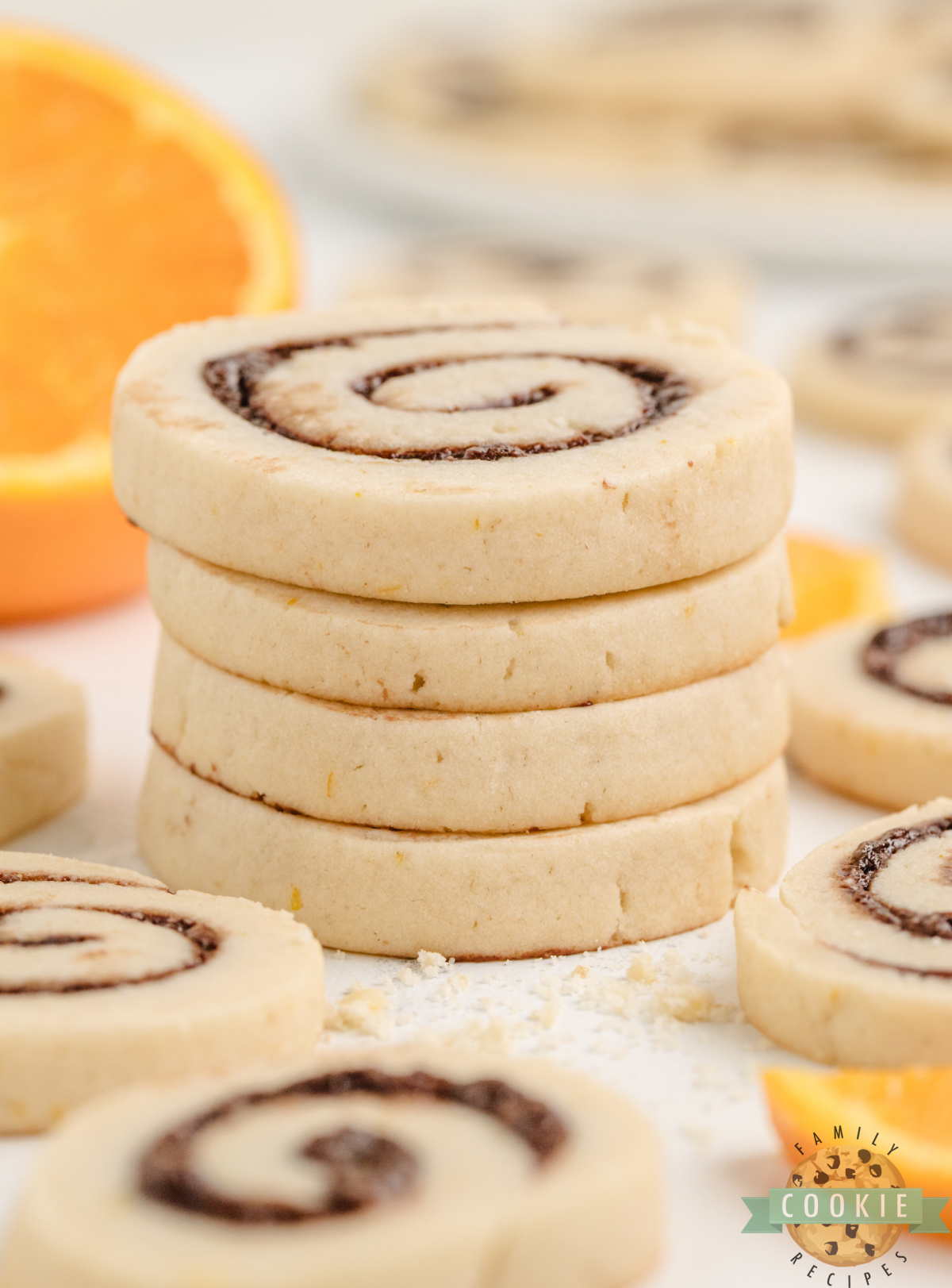 Chocolate Orange Pinwheel Cookies stacked.