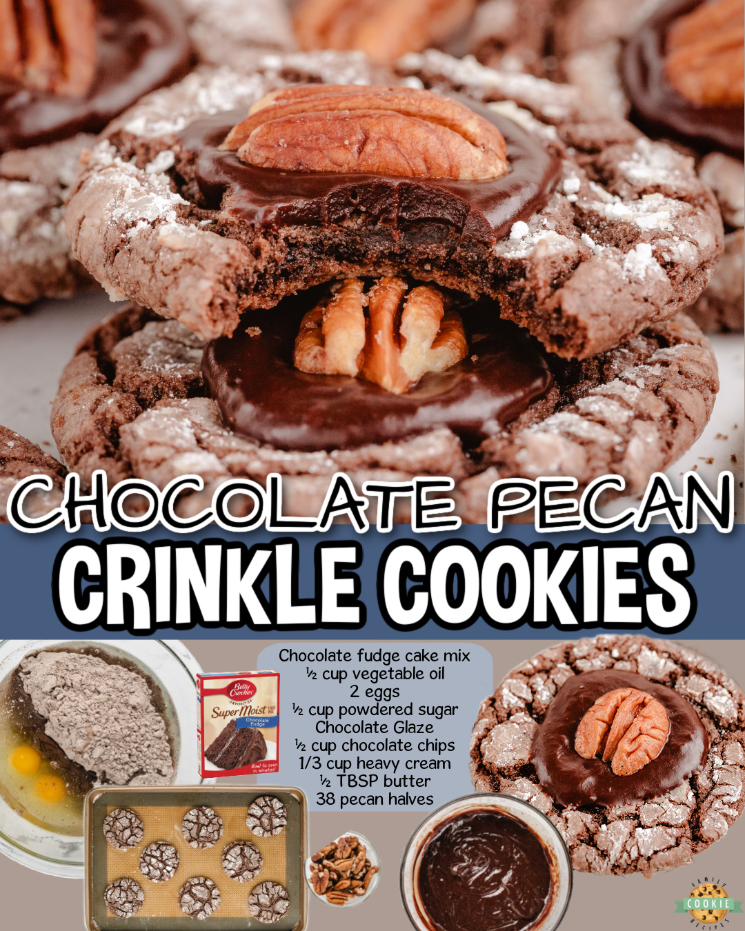 Chocolate Pecan Crinkle Cookies made easy with a cake mix, baked & topped with a luscious chocolate glaze & a pecan. A wonderful blend of fudgy texture and nutty crunch, perfect for the holiday season!