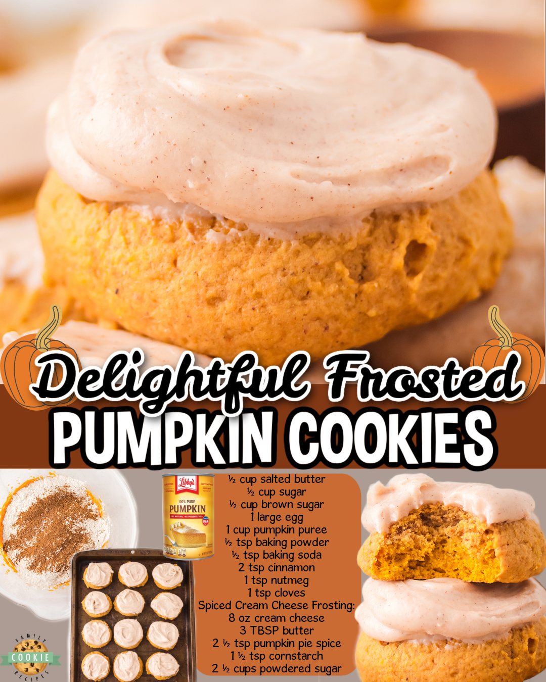 Frosted Pumpkin Cookies made with butter, sugar, pumpkin puree & a warm blend of Fall spices! Soft cookies topped with a spiced cream cheese frosting you'll love!