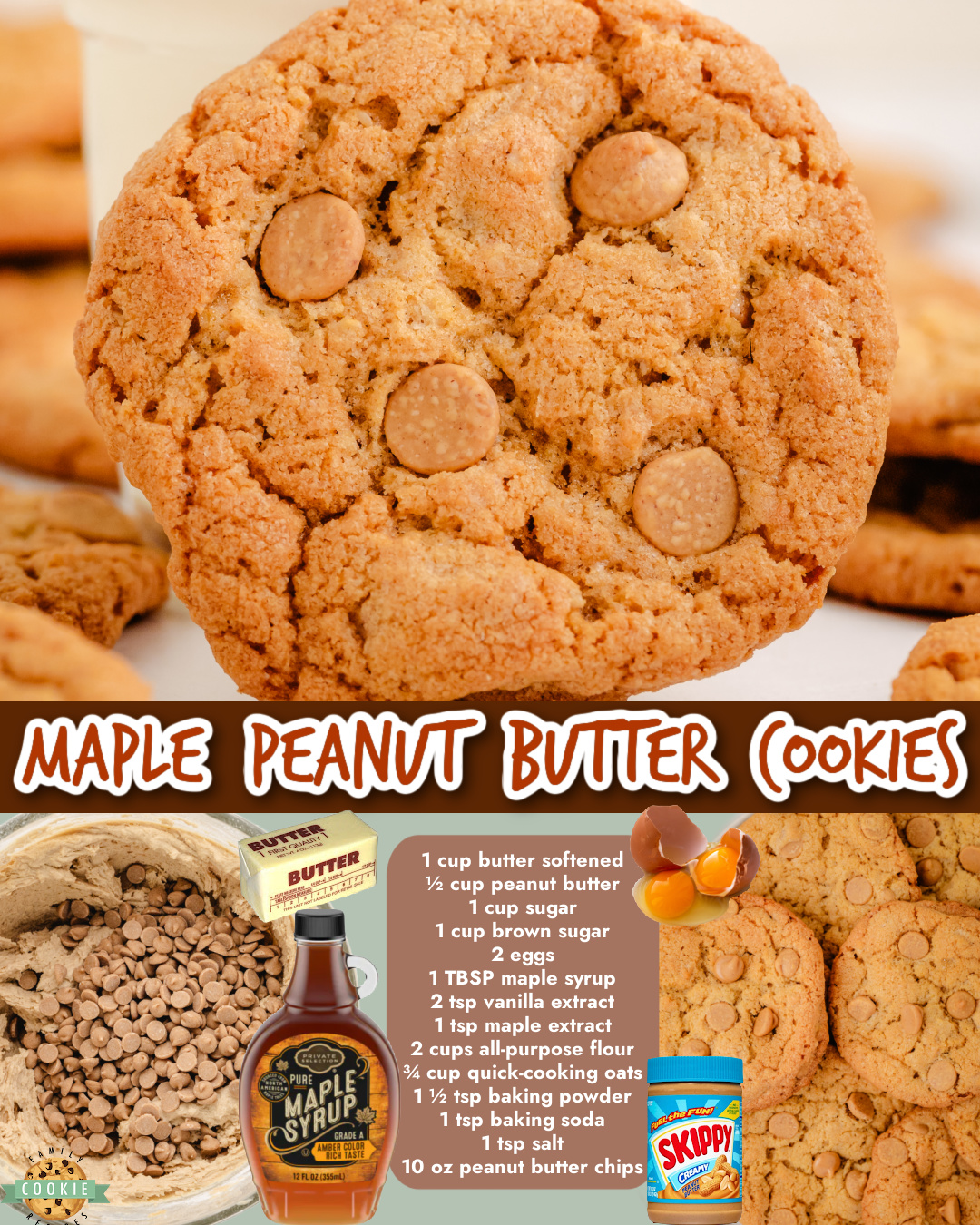 Peanut Butter Maple Cookies are chewy, buttery cookies made with brown sugar, oats, maple syrup & peanut butter chips!