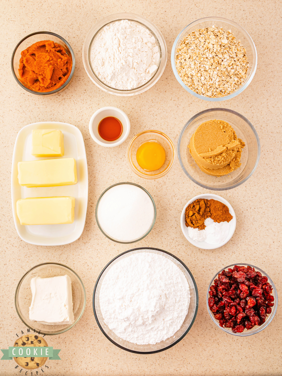 Ingredients in Pumpkin Oatmeal Cranberry Sandwich Cookies recipe.