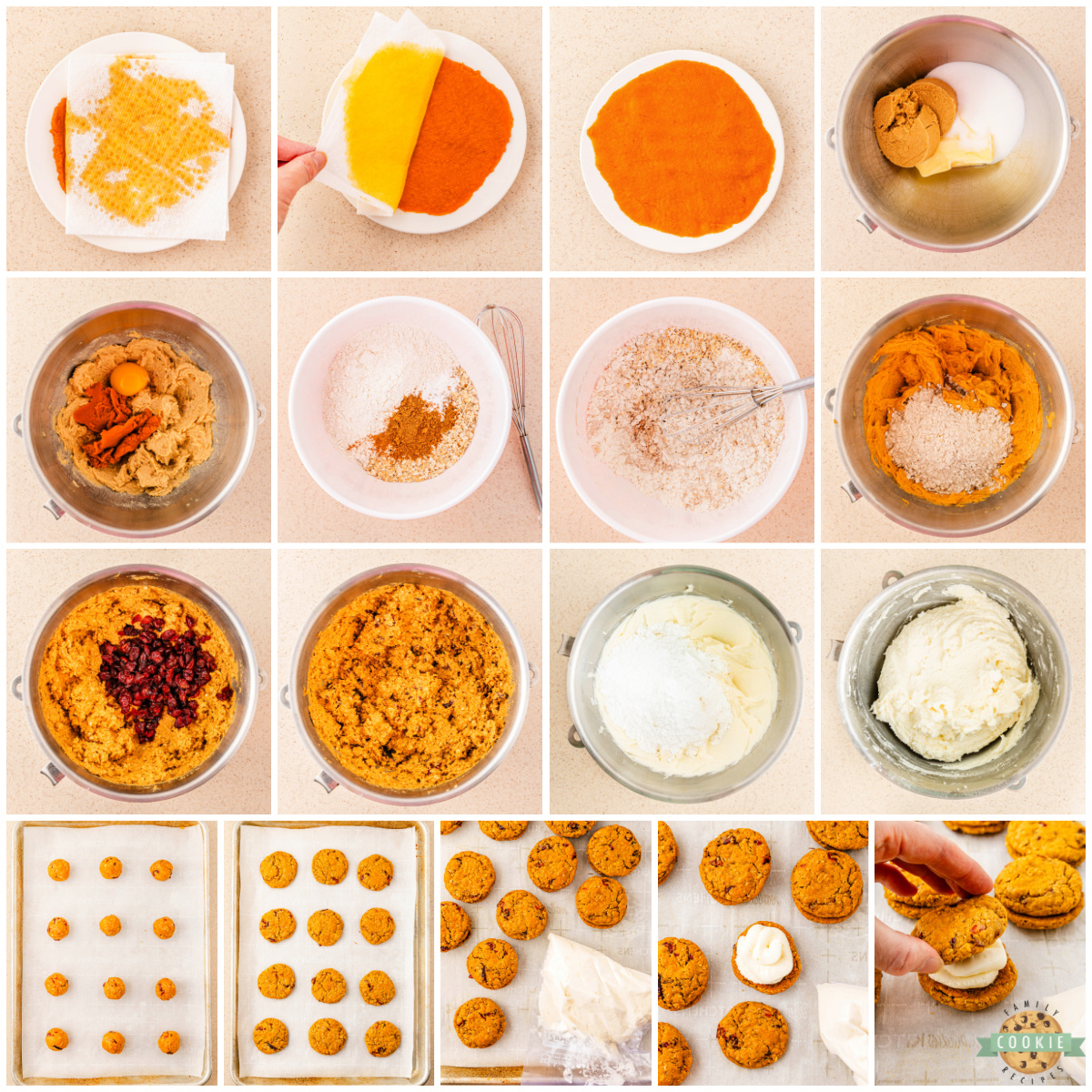 Step by step ingredients on how to make Pumpkin Oatmeal Cranberry Sandwich Cookies recipe.