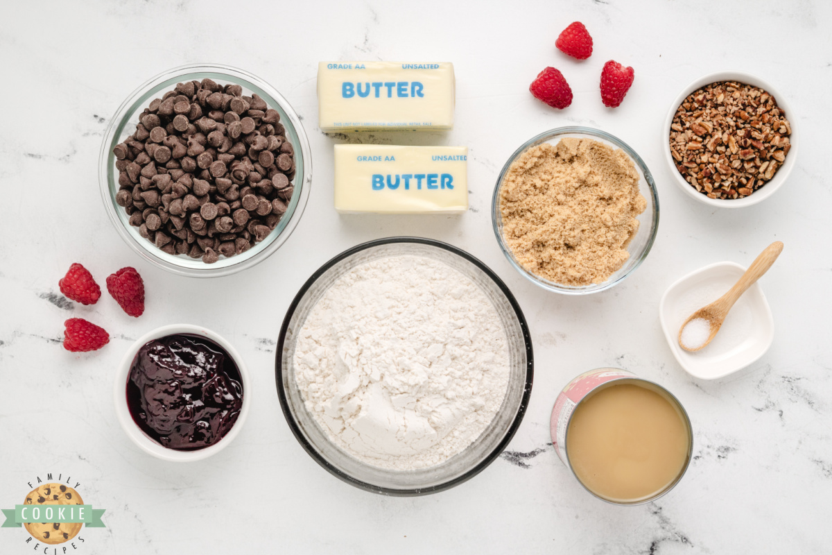Ingredients in Chocolate Raspberry Shortbread Cookie Bars recipe.
