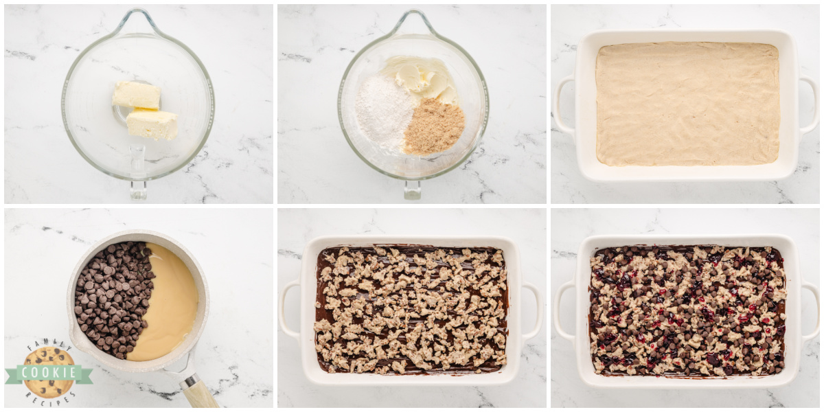 Step by step instructions on how to make Chocolate Raspberry Shortbread Cookie Bars.