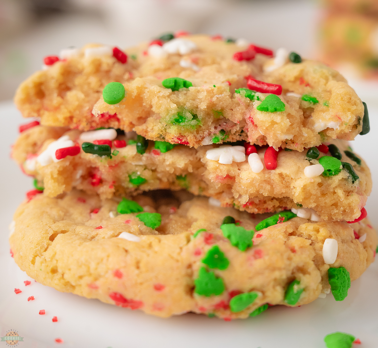 Christmas sprinkle cookies broken in half