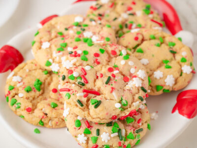Santa plate filled with Christmas Sprinkle cookies