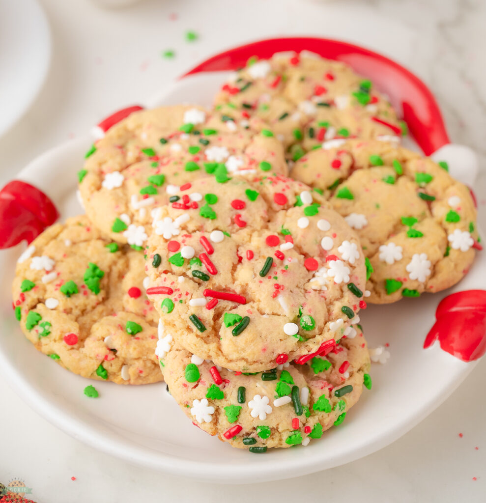 Santa plate filled with Christmas Sprinkle cookies