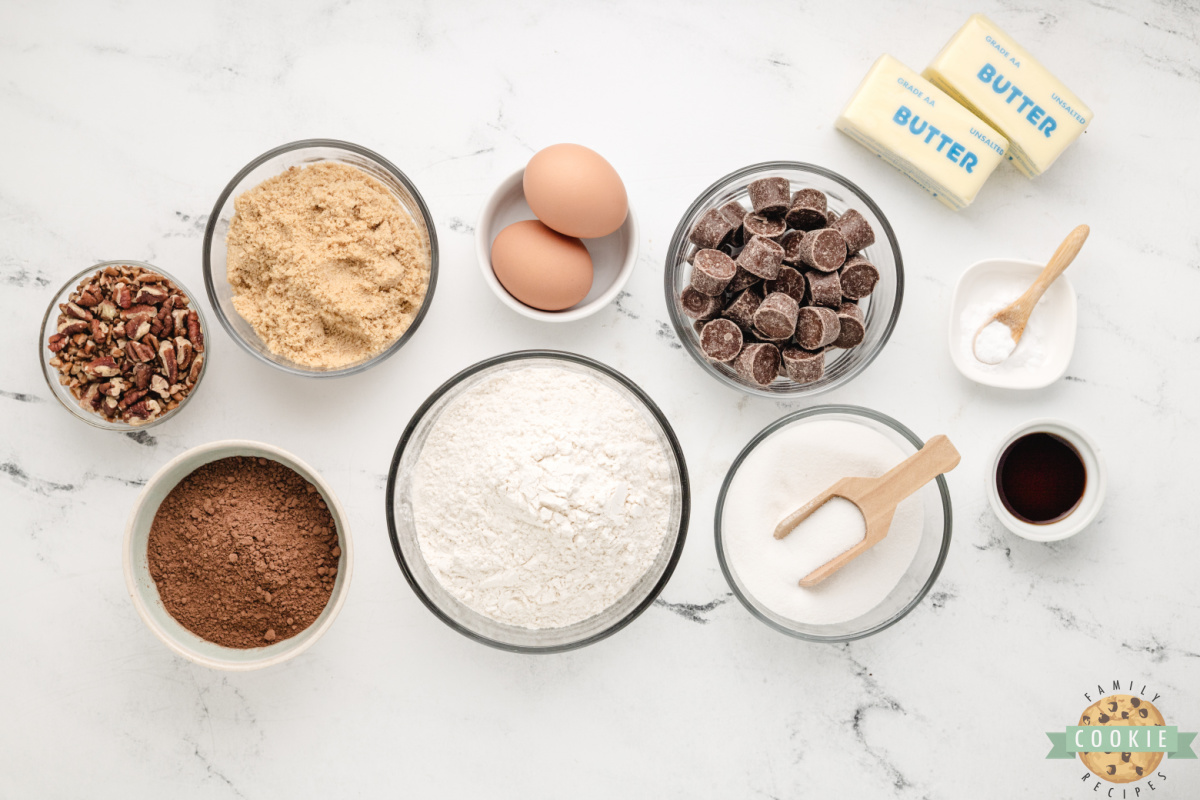 Ingredients in Chocolate Caramel Pecan Cookies recipe.
