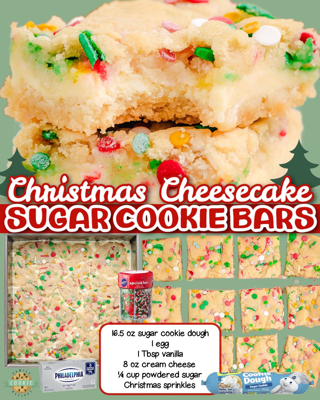 Christmas Cheesecake Sugar Cookie Bars made with sugar cookie dough, a simple cheesecake filling & topped with festive holiday sprinkles!