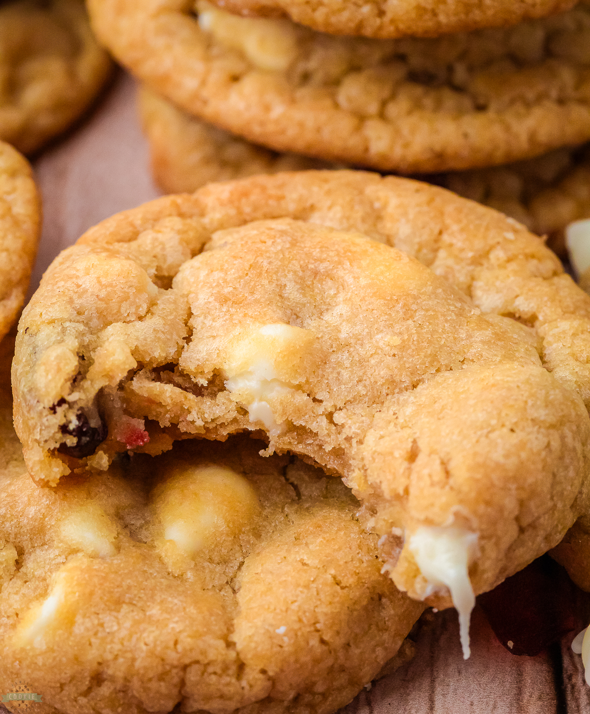 cranberry white chocolate cookie with a bite taken out