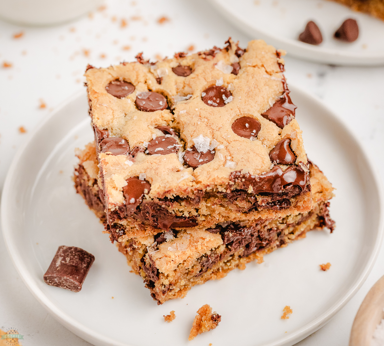 two Nestle Toll House Cookie Bars stacked on a plate
