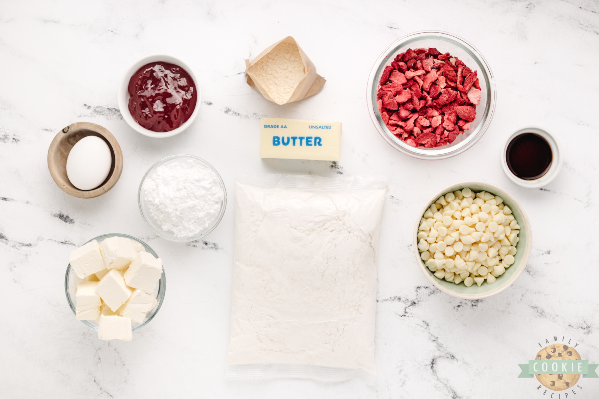 Ingredients in Strawberries and Cream Cake Mix Cookies recipe.