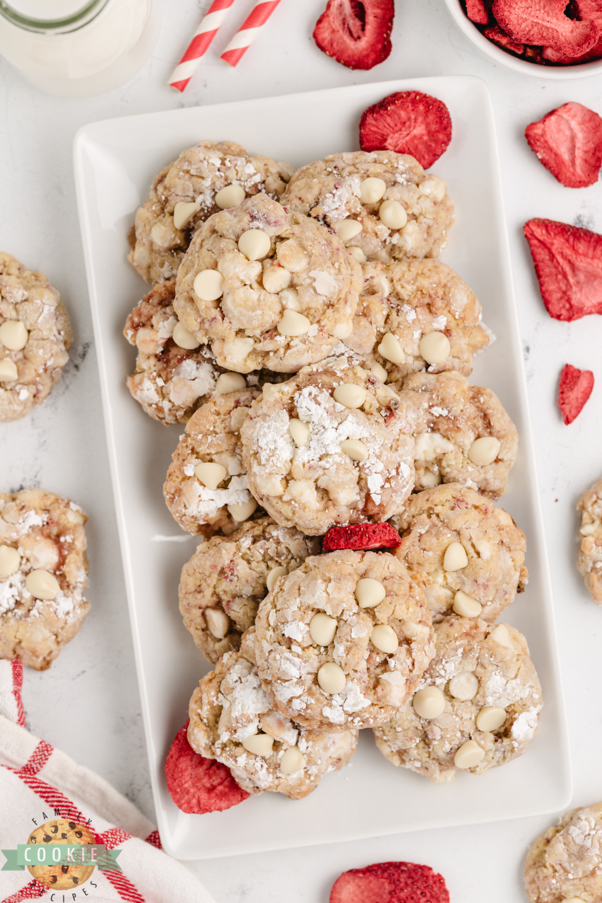 Strawberries and cream cake mix cookies served on a dessert plate.