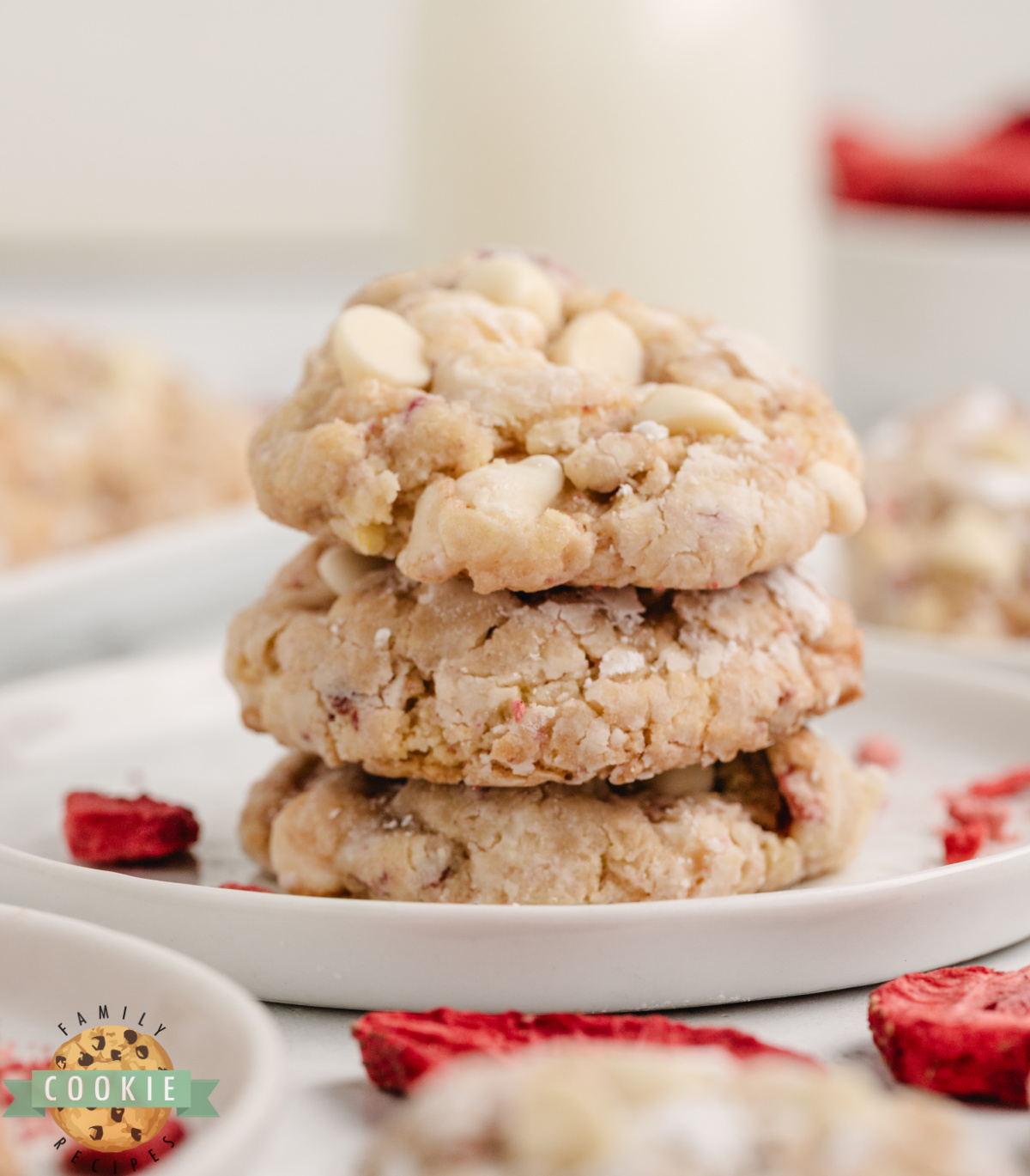 Strawberries and cream cake mix cookies made with white chocolate and strawberry jam.