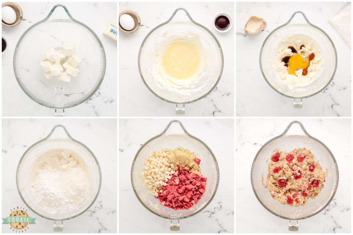 Step by step instructions on how to make Strawberries and Cream Cake Mix Cookies.