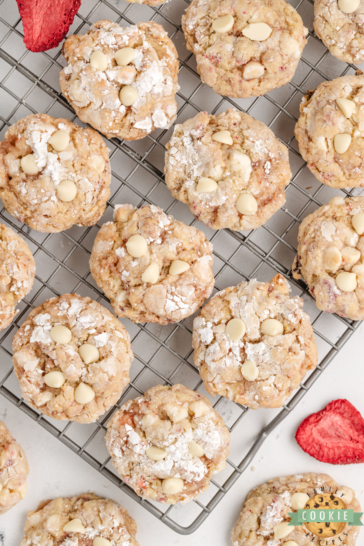 Strawberries and cream cake mix cookies with white chocolate chips and strawberry swirls.