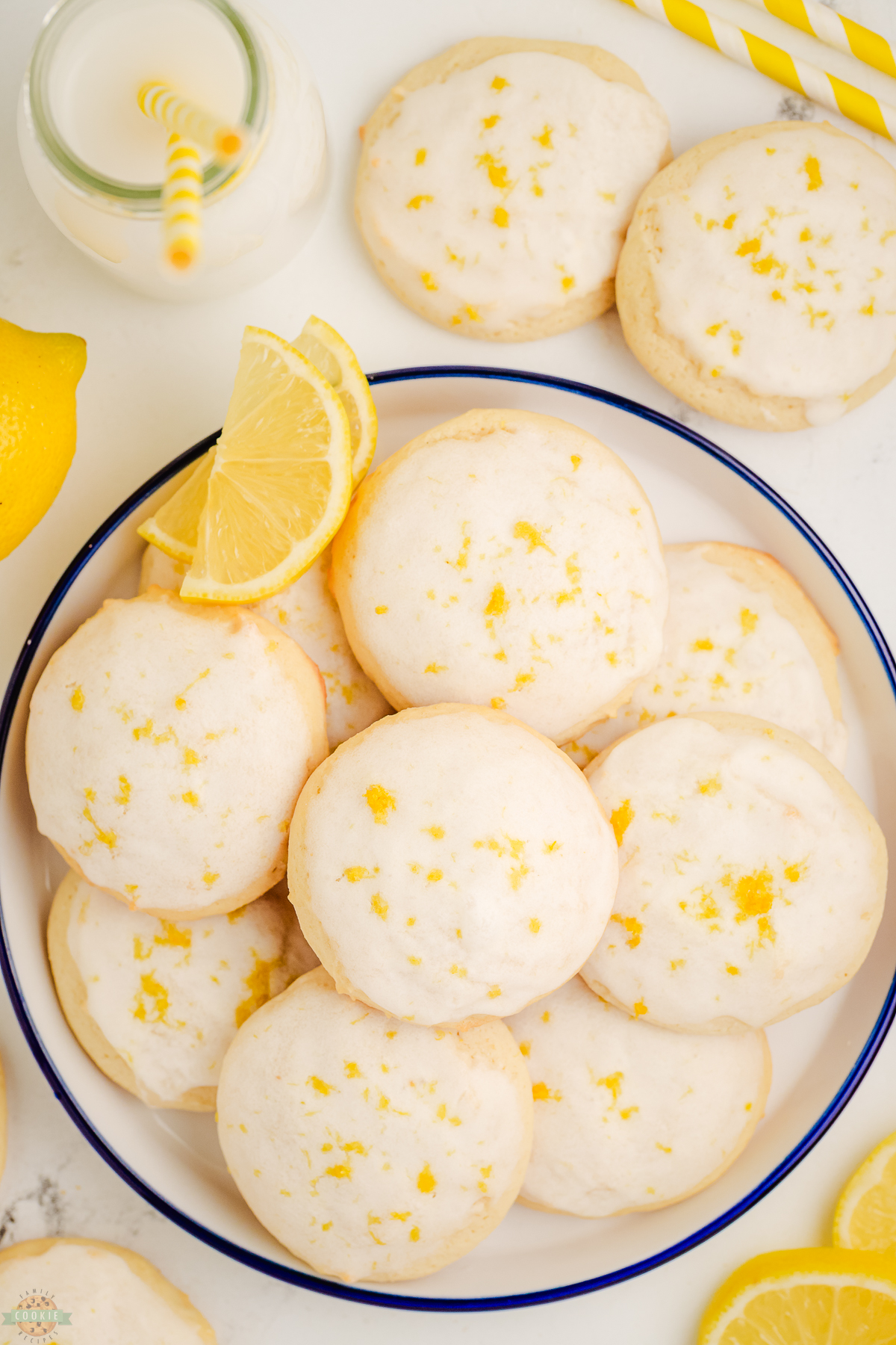plateful of iced lemon cookies made with buttermilk