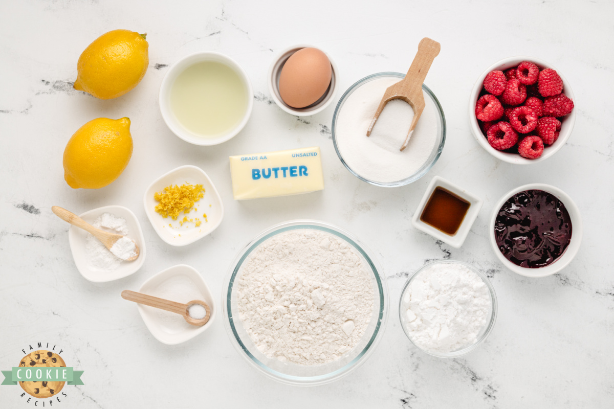 Ingredients in Lemon Raspberry Crinkle Cookies recipe.