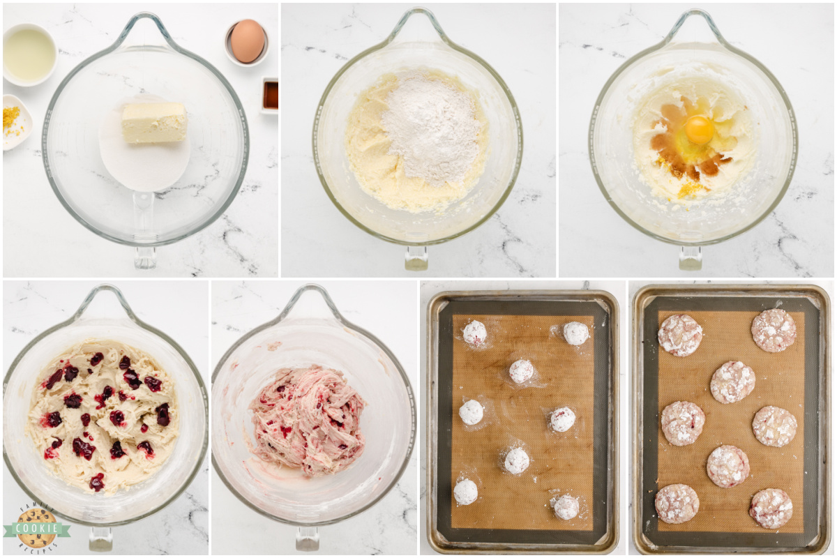 Step by step instructions on how to make Lemon Raspberry Crinkle Cookies. 