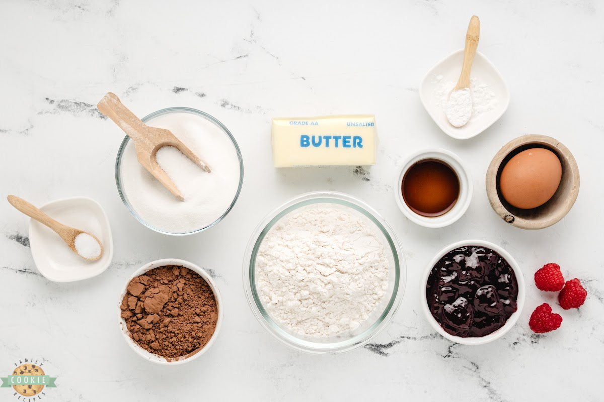 Ingredients in Raspberry Chocolate Thumbprint Cookies recipe.