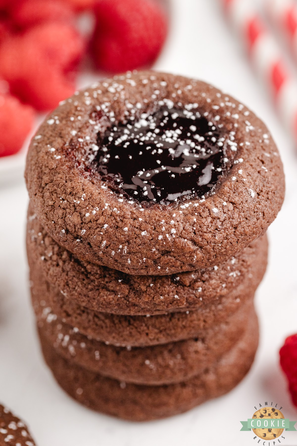 Fudgy chocolate cookies with raspberry jam filling.