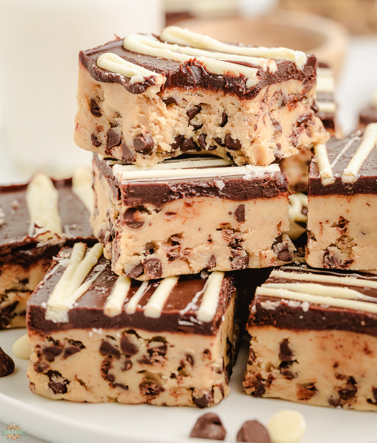 cookie dough bars with a bite taken out of one