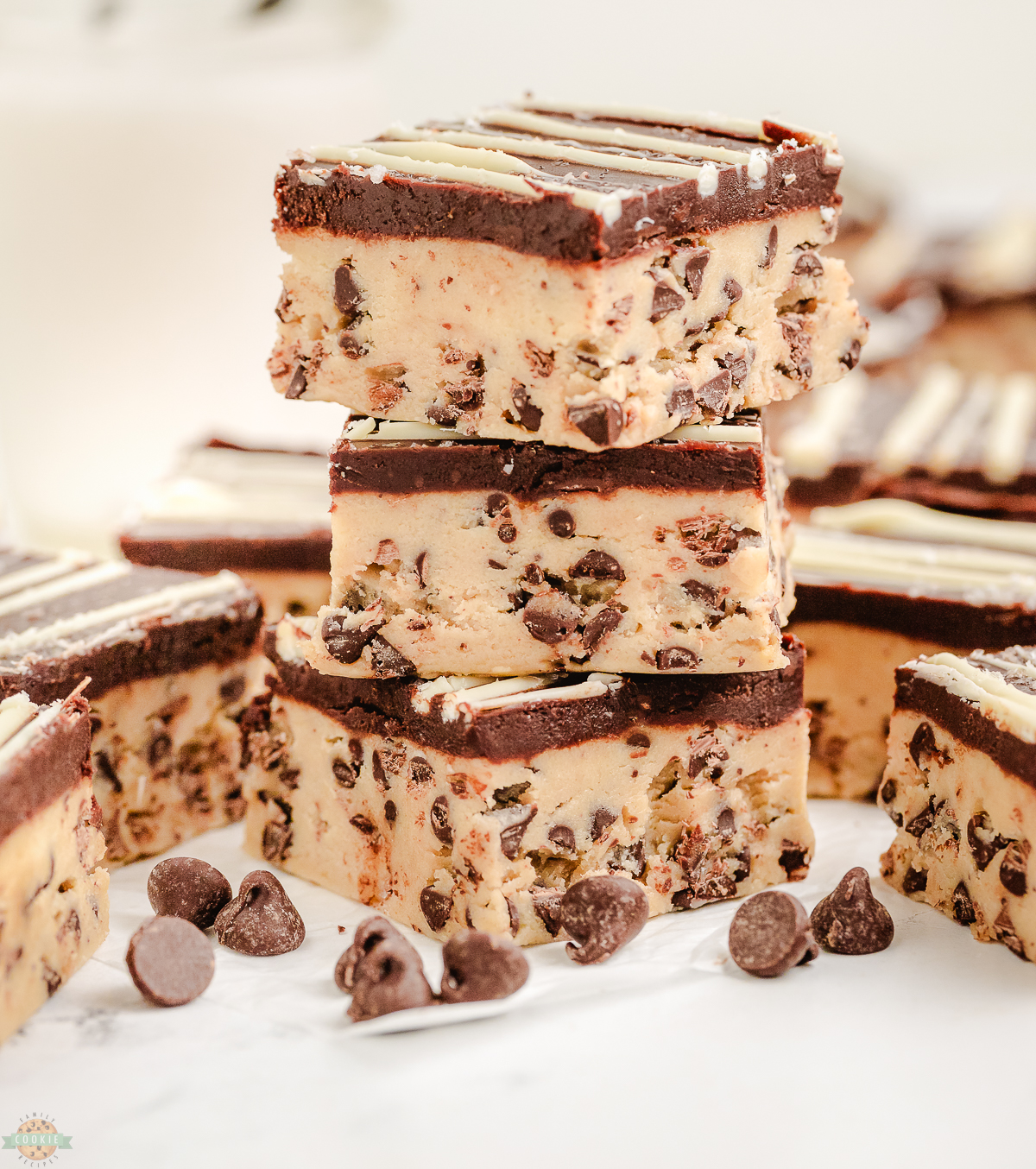 cookie dough bars topped with ganache
