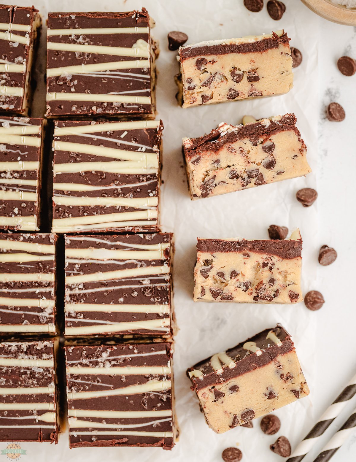 tray of no bake chocolate chip cookie dough bars
