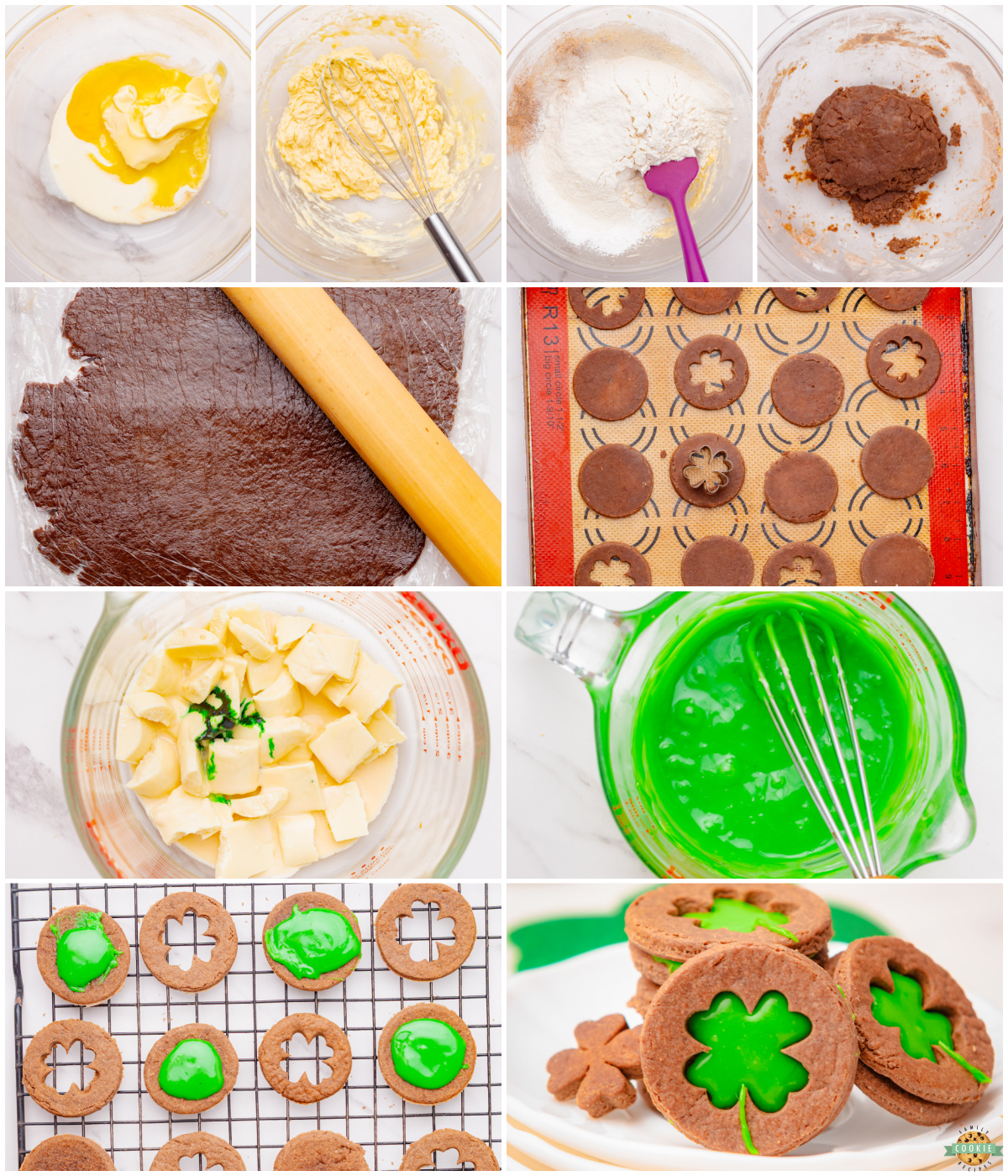 how to make chocolate Linzer cookies with green shamrock cutouts