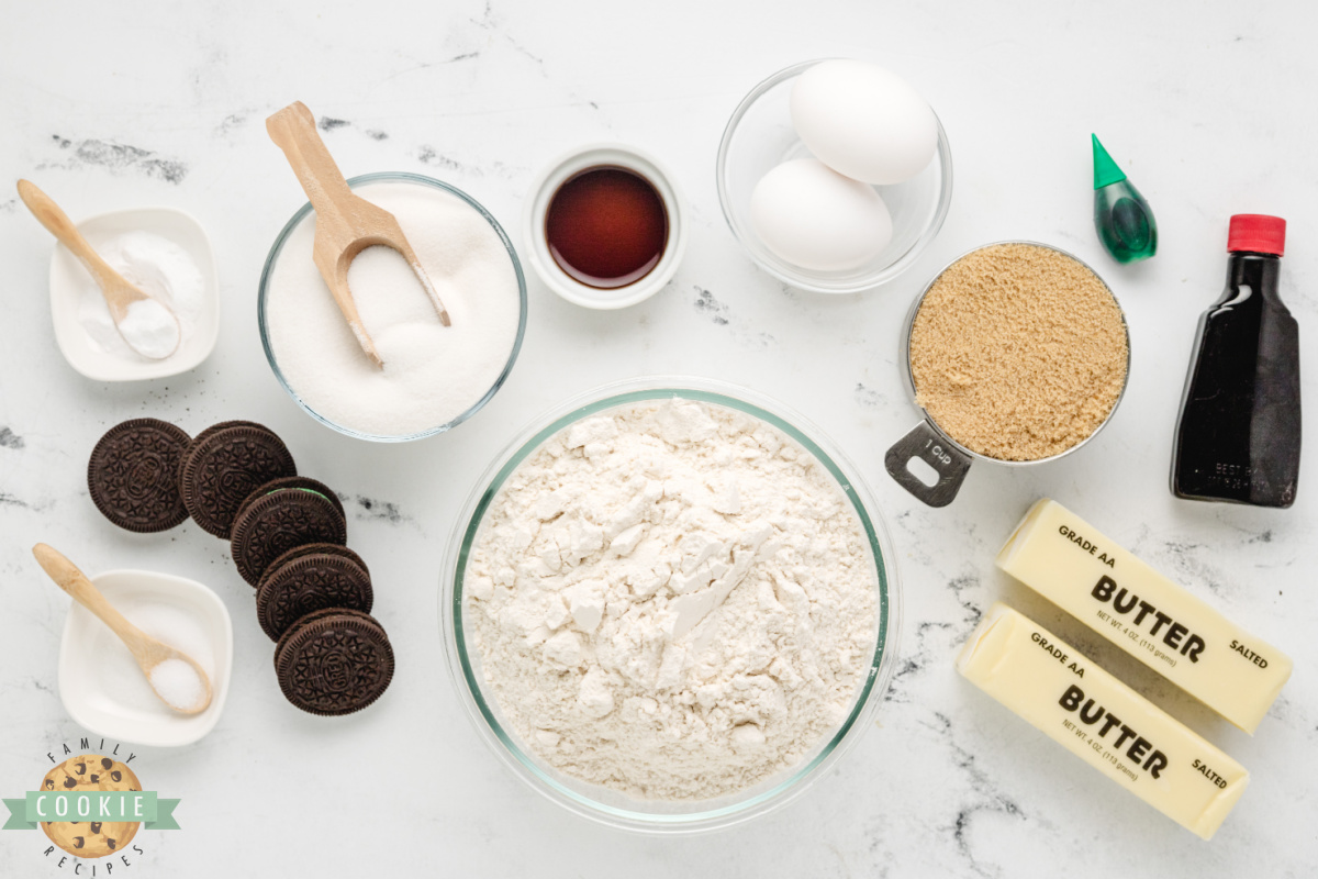 Ingredients in Mint Oreo Stuffed Cookies. 