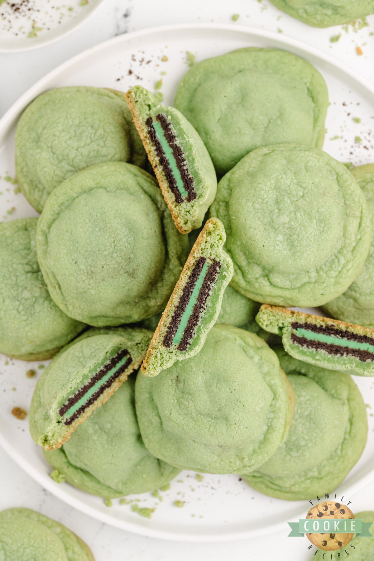 Soft mint Oreo stuffed cookies with a whole Oreo baked inside.