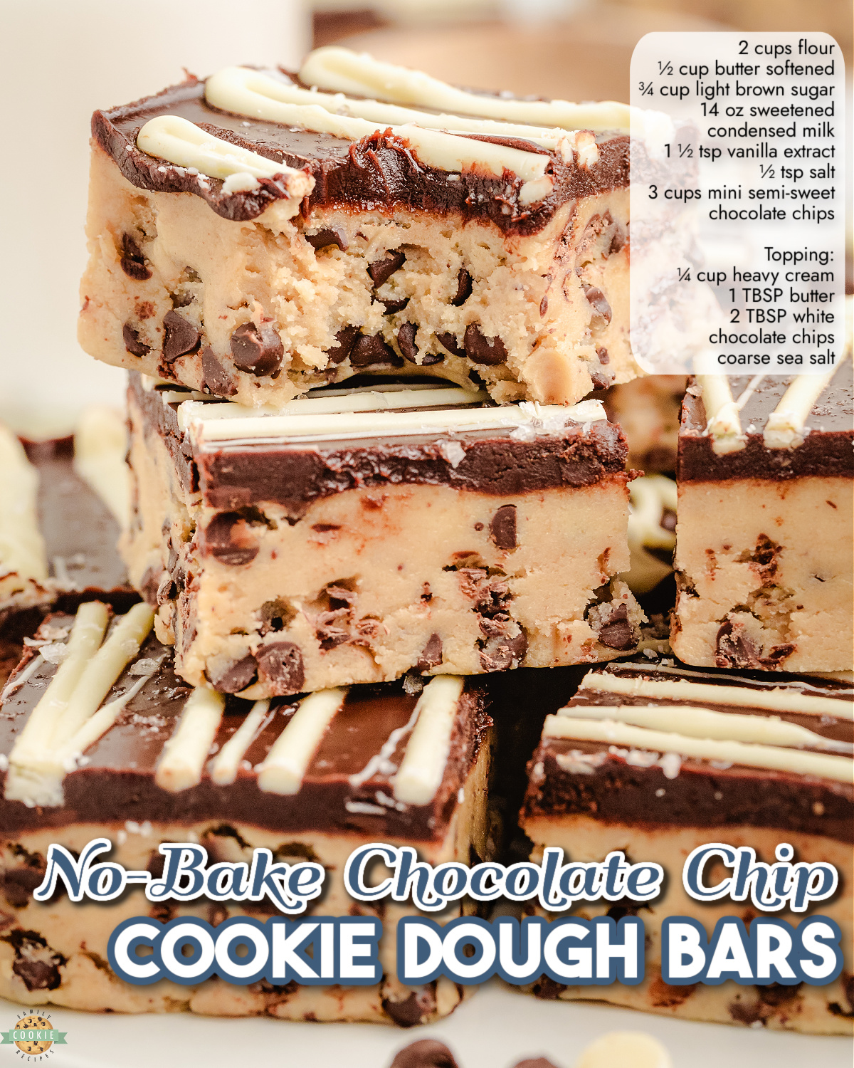 No-Bake Cookie Dough Bars made with butter, brown sugar, condensed milk, chocolate chips, heat treated flour & no eggs! Perfect treats for cookie dough lovers!