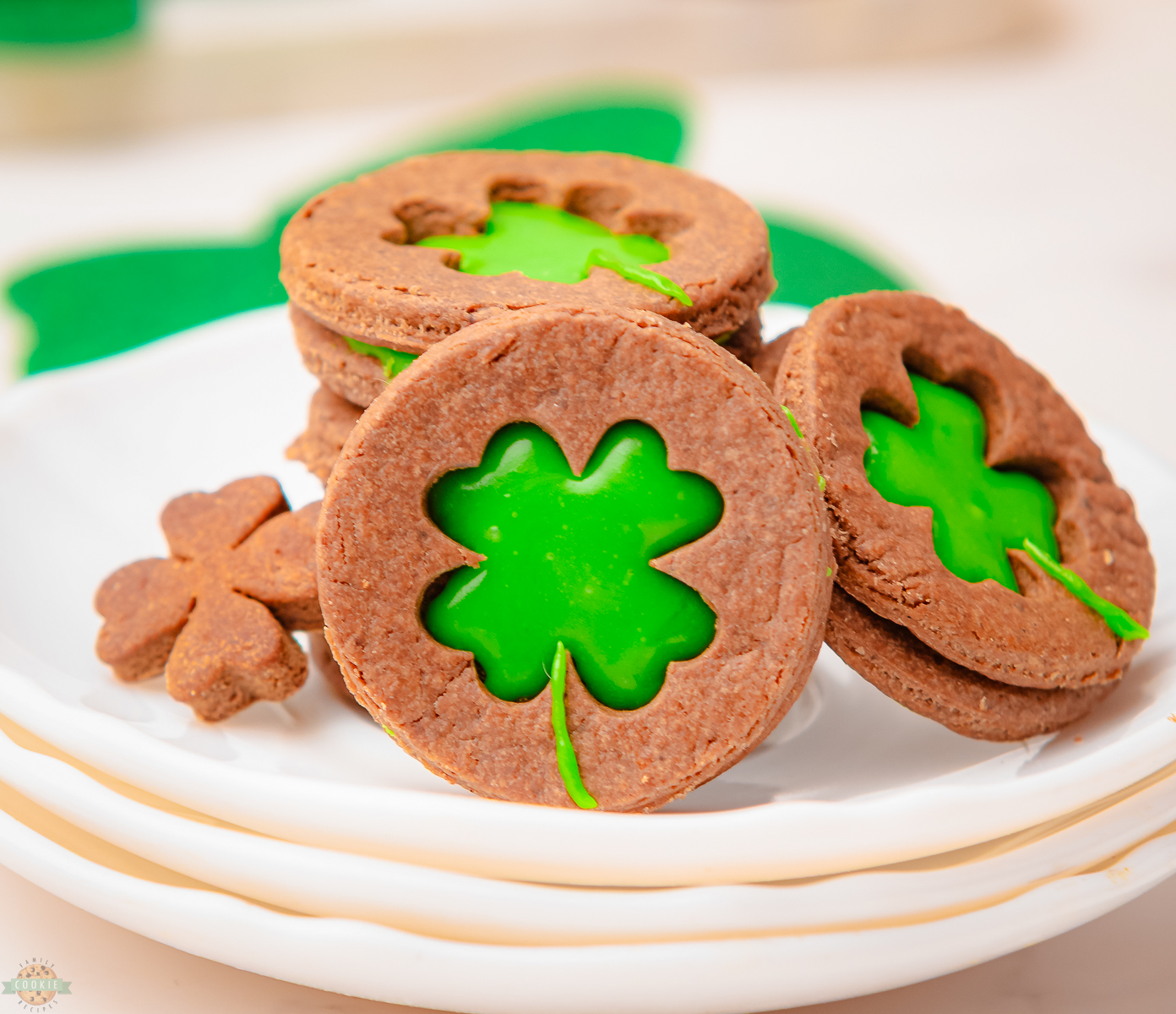 plateful of Shamrock Linzer cookies