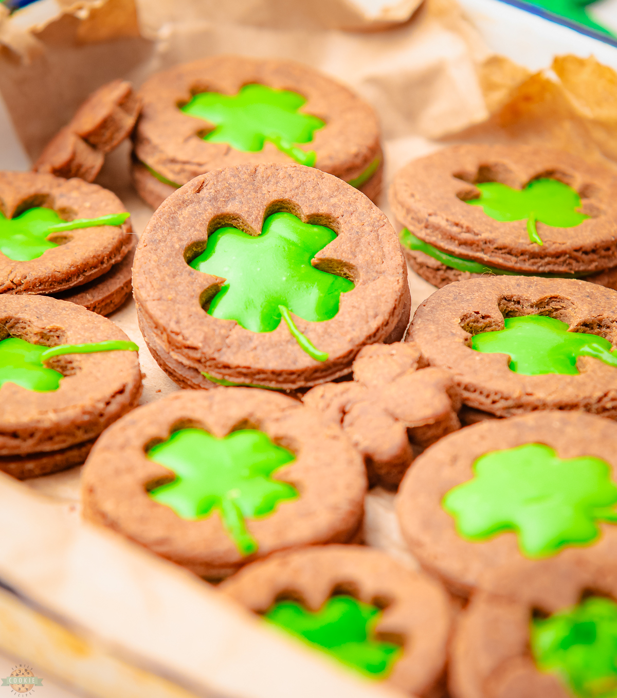 Shamrock Linzer Cookies on a tray