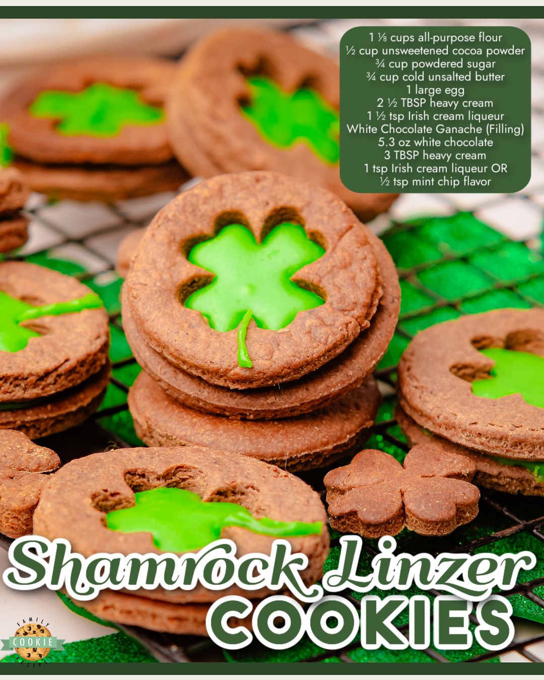 Shamrock Chocolate Linzer Cookies made with buttery crisp chocolate cookies sandwiched with a silky white chocolate ganache tinted green for St. Patrick's Day!