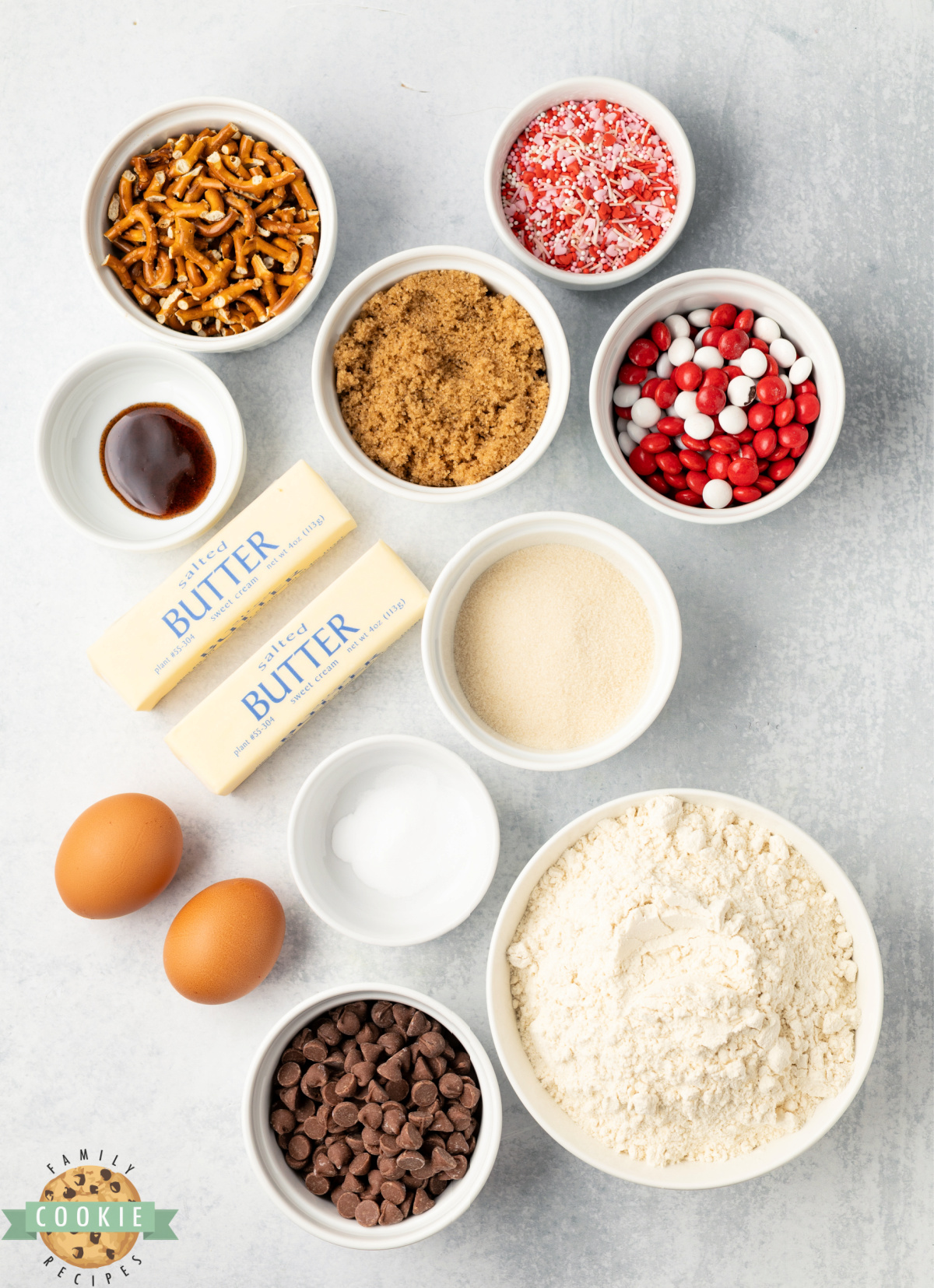 Ingredients in Valentine's Kitchen Sink Cookies recipe.