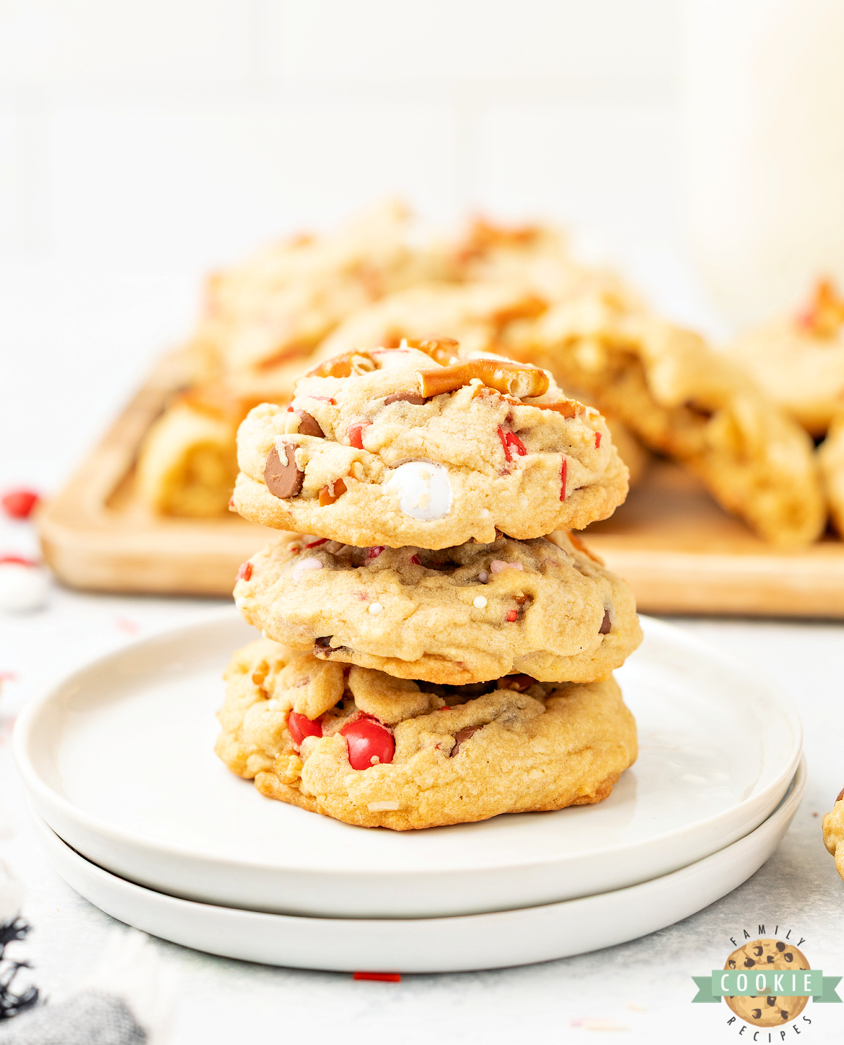 Chewy Valentine&rsquo;s Kitchen Sink cookies filled with chocolate chips and pretzels.