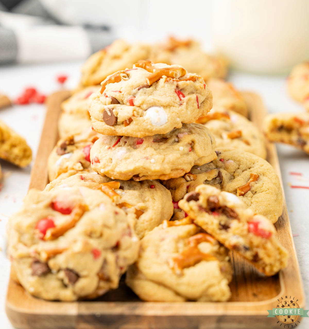 Freshly baked Valentine&rsquo;s Kitchen Sink cookies with colorful Valentine&rsquo;s candies.