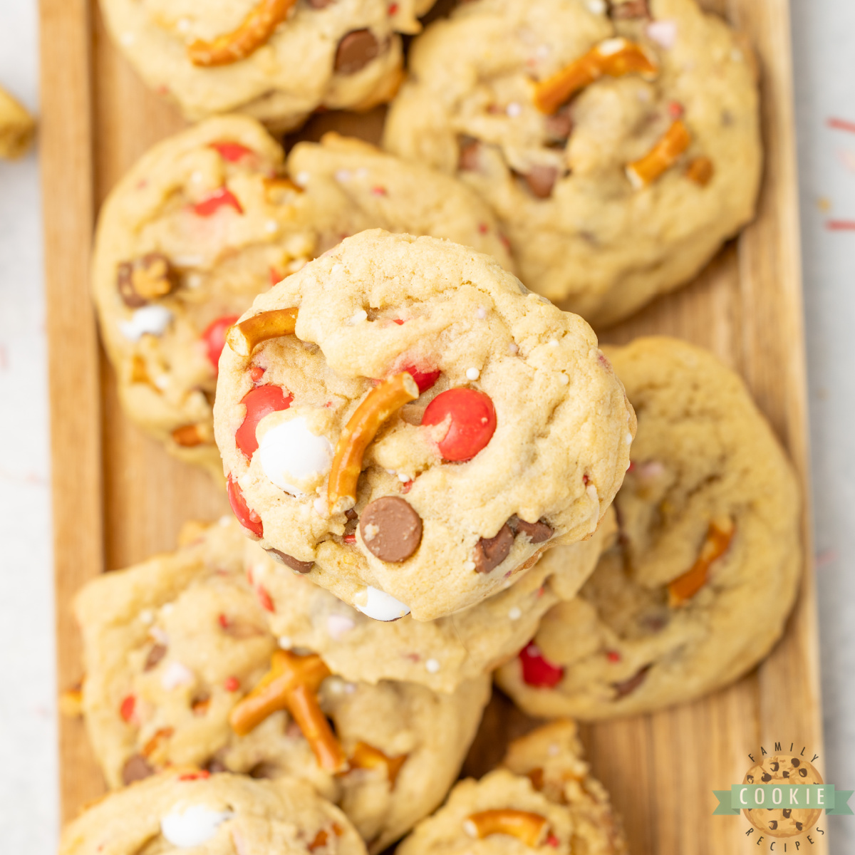Valentine&rsquo;s Kitchen Sink cookies loaded with chocolate, pretzels, and M&M&rsquo;s.