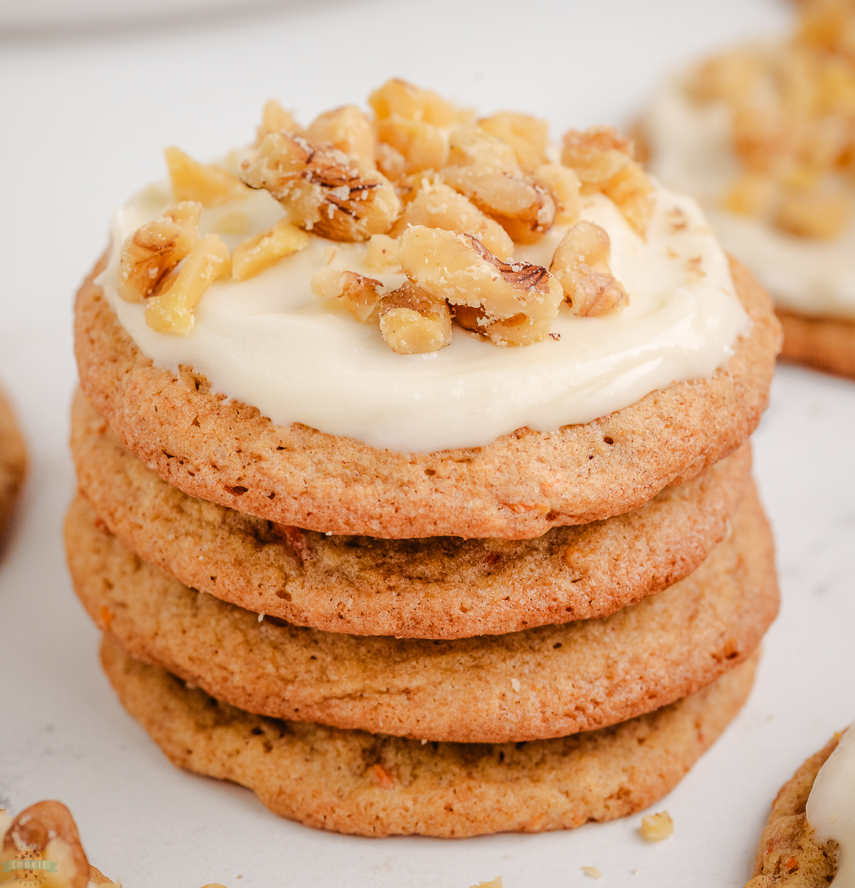stack of Carrot Cake Cookies with cream cheese frosting