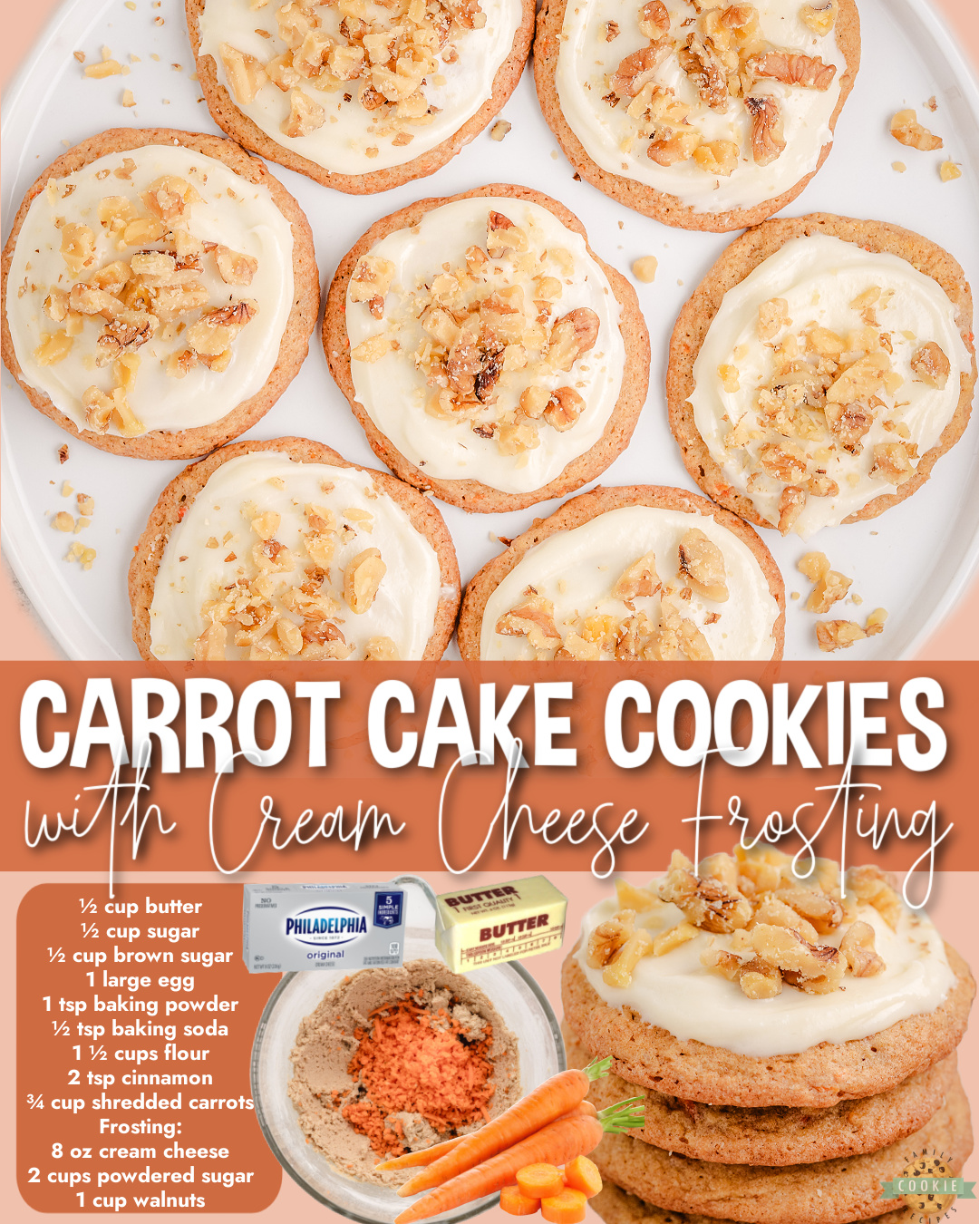 Carrot Cake Cookies made from scratch with butter, sugar, egg, shredded carrots & cinnamon, then topped with cream cheese frosting and walnuts! Perfect for Easter!