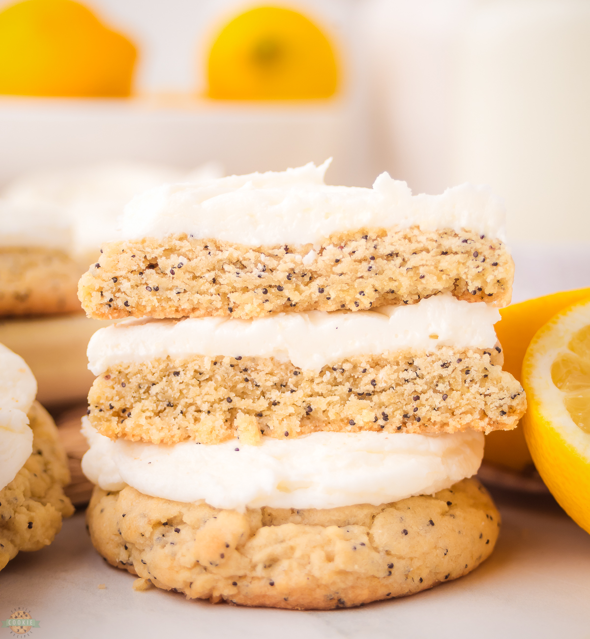 frosted lemon poppy seed cookies cut in half