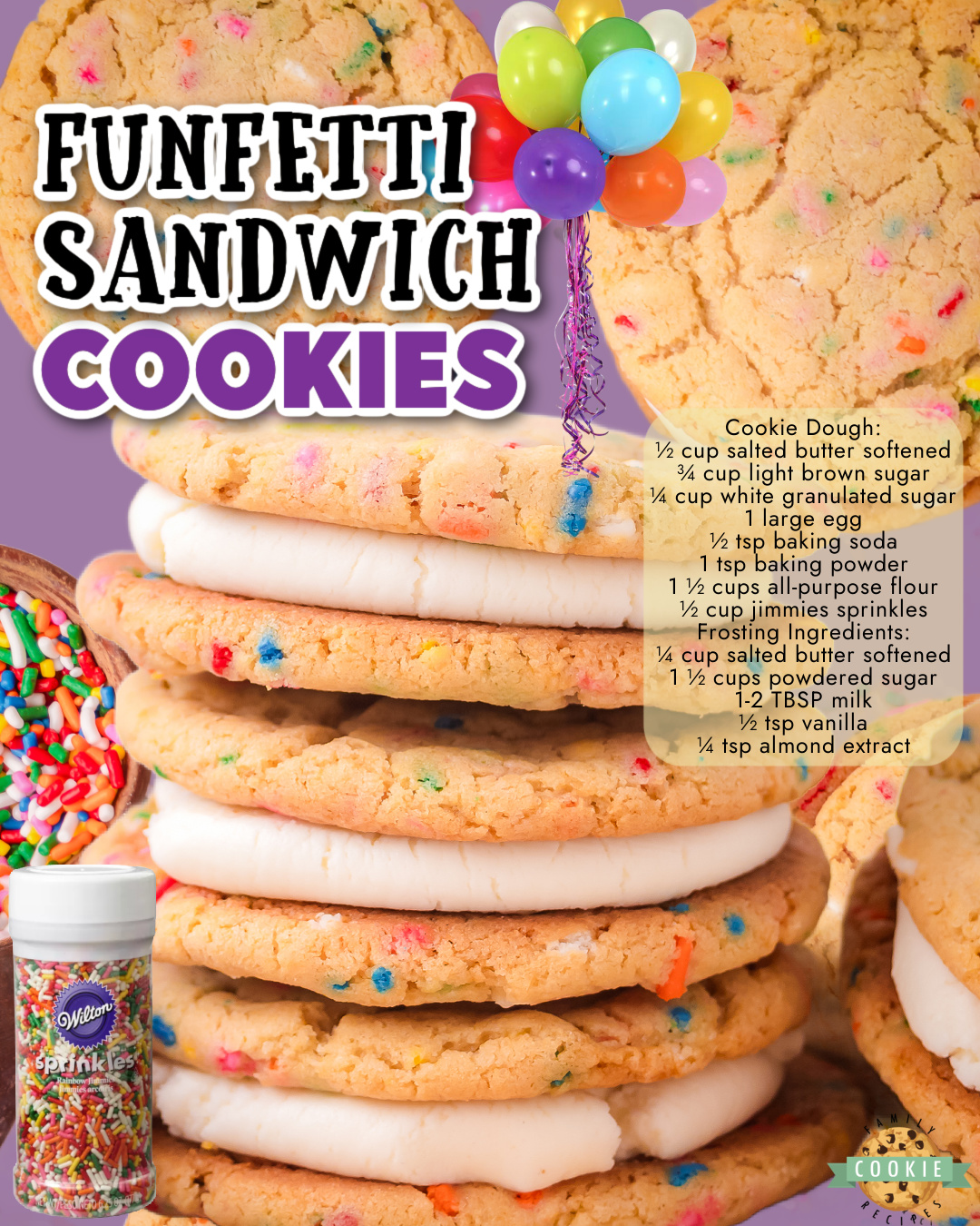 Funfetti Sandwich Cookies made with buttery cookie dough baked with sprinkles, then sandwiched with a luscious vanilla buttercream! Perfect for birthdays or any celebration!