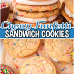 Funfetti Sandwich Cookies made with buttery cookie dough baked with sprinkles, then sandwiched with a luscious vanilla buttercream! Perfect for birthdays or any celebration!