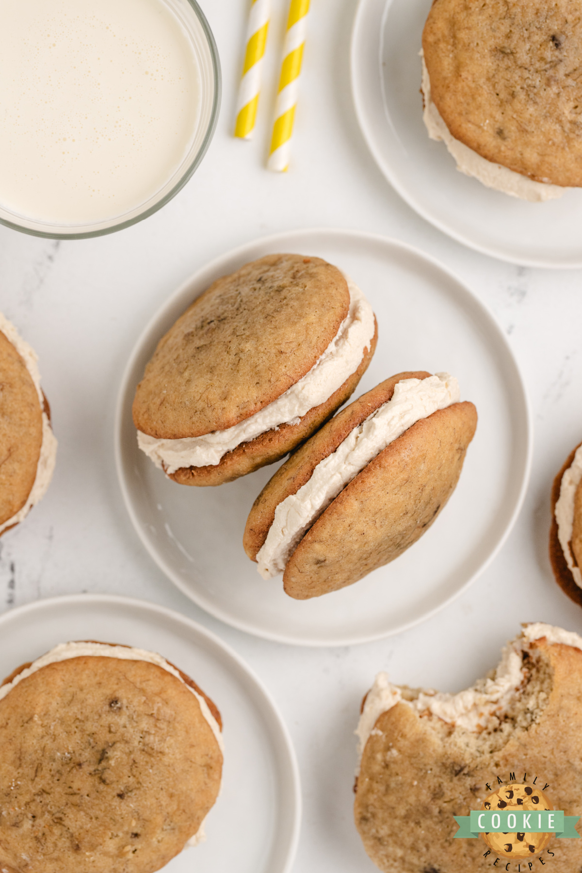 Easy banana bread sandwich cookies made with ripe bananas and filled with rich brown sugar frosting.
