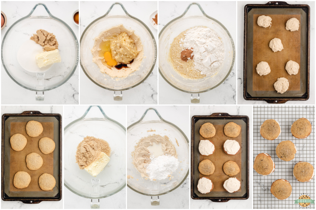 Step by step instructions on how to make Banana Bread Sandwich Cookies.